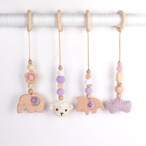 AQCQDQ Spielbogen Baby Holz Anhänger ab 0 Monate, Babyschale Anhänger Holz, Anhänger Baby Gym, 4 Stück Hängespielzeug Kinderwagen Geschenk für Neugeborene Mädchen (Lila) von AQCQDQ
