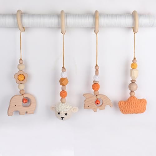 AQCQDQ Spielbogen Baby Holz Anhänger ab 0 Monate, Babyschale Anhänger Holz, Anhänger Baby Gym, 4 Stück Hängespielzeug Kinderwagen Geschenk für Neugeborene Mädchen (Orange) von AQCQDQ