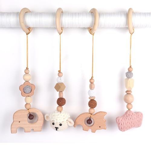 AQCQDQ Spielbogen Baby Holz Anhänger ab 0 Monate, Babyschale Anhänger Holz, Anhänger Baby Gym, 4 Stück Hängespielzeug Kinderwagen Geschenk für Neugeborene Mädchen (Rosa) von AQCQDQ