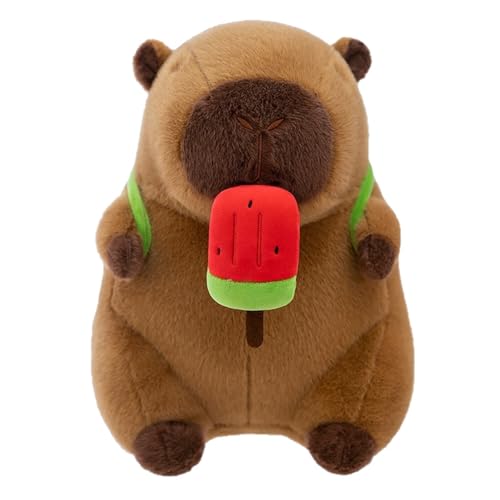 Capybara Plüschkissen, Kuscheltier Capybara Plüschtier Mit Einziehbarer Nase - Capybara Stuffed Animal Wasserschwein Mit Wassermelone Rucksack Zum Anziehen (55 cm) von AQCQDQ