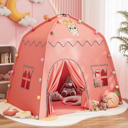 Kinderzelt für Drinnen, Kinderzelt Spielzelt, Prinzessin Schloss Kinderspielzelt, 130 * 100 * 130cm, GroßEs Spielzelt Kinderhaus für Kinder, MäDchen Spielhaus Indoor (130cm,Rosa) von AQCQDQ