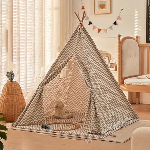 Tipi Zelt für Kinder,Kindertipi Spielzelt,Zelt Kinderzimmer Deko, Indoor Spielzimmer, Spielzelt für Mädchen & Jungen, Baumwolle und Hanf,Ohne gepolsterte Decke (1.6 m,Graue Welle) von AQCQDQ