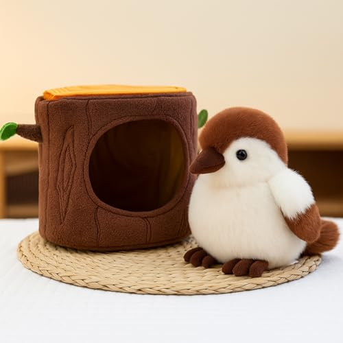 Vogel Kuscheltier, Pelzige Vogel-Plüschpuppe, Flauschiges Stofftier zum Kuscheln und Spielen, Stuffed Animal, Geschenk für Mädchen und Jungen (12 cm Spatz mit Loch) von AQCQDQ