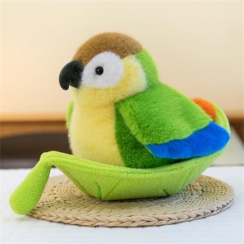 Vogel Kuscheltier, Pelzige Vogel-Plüschpuppe, Flauschiges Stofftier zum Kuscheln und Spielen, Stuffed Animal, Geschenk für Mädchen und Jungen (20 cm Grüner Papagei mit Blatt) von AQCQDQ
