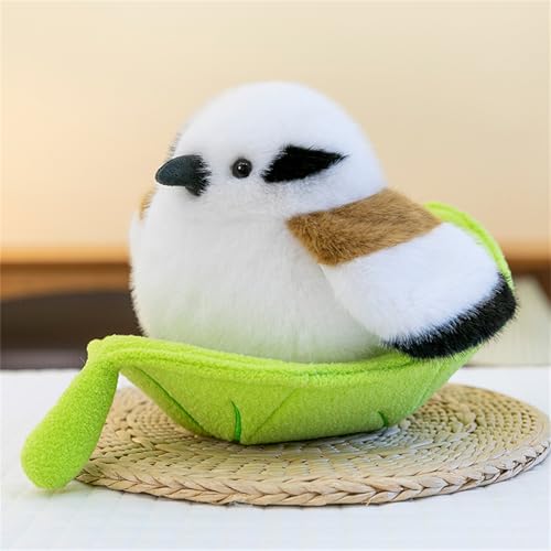Vogel Kuscheltier, Pelzige Vogel-Plüschpuppe, Flauschiges Stofftier zum Kuscheln und Spielen, Stuffed Animal, Geschenk für Mädchen und Jungen (20 cm Meisen mit Blatt) von AQCQDQ