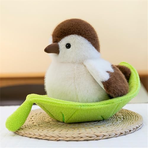Vogel Kuscheltier, Pelzige Vogel-Plüschpuppe, Flauschiges Stofftier zum Kuscheln und Spielen, Stuffed Animal, Geschenk für Mädchen und Jungen (20 cm Spatz mit Blatt) von AQCQDQ
