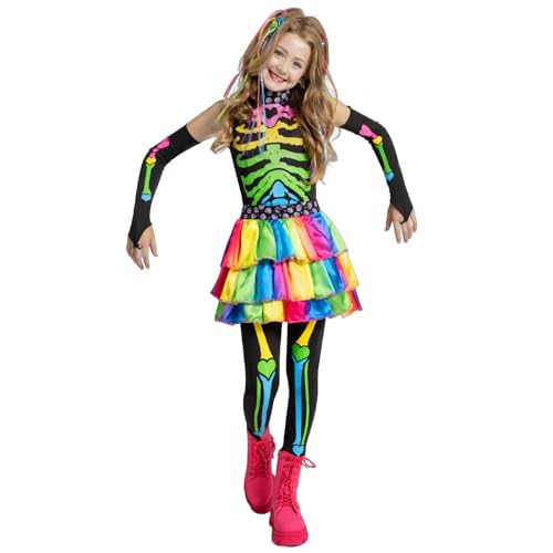 AQDJWHM Halloween Skelett Kostüm Mädchen, Punky Buntes Skelett Deluxe Mädchen Kostüm Set für Halloween Kostüm Dress Up Partys, Karneval Cosplay (L) von AQDJWHM