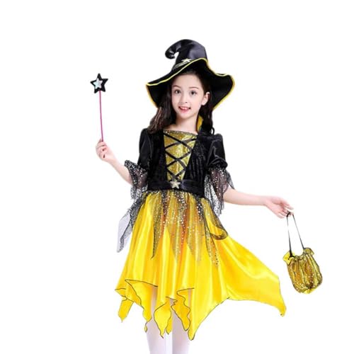 AQDJWHM Hexenkostüm Kinder, Halloween Kostüm Mädchen, Girl's Glamour Hexenkleid Set-mit Hut, Zauberstab und Bonbontüte, für Halloween-Karnevals-Cosplay- und Hexe-Mottoparty (120) von AQDJWHM