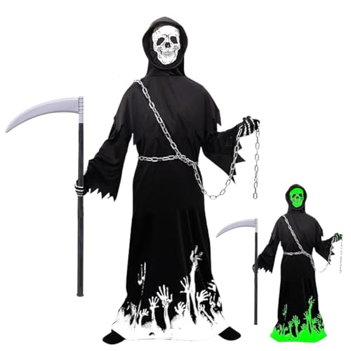 AQDJWHM Sensenmann Kostüm Kinder, Halloween Kostüm Kinder Jungen, Dunkel Leuchtendem Set-Sensenmann Sense, Eisenkette, Handschuhen, Maske, für Halloween-Karnevals-Cosplay- und Horror-Mottoparty (L) von AQDJWHM