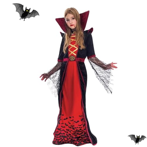 AQDJWHM Vampir Kostüm Mädchen, Royal Vampir Kostüm Kinder Deluxe Set mit Halsband, für Halloween Dress Up Party, Carnival Cosplay, Vampire-Themed Party (M) von AQDJWHM