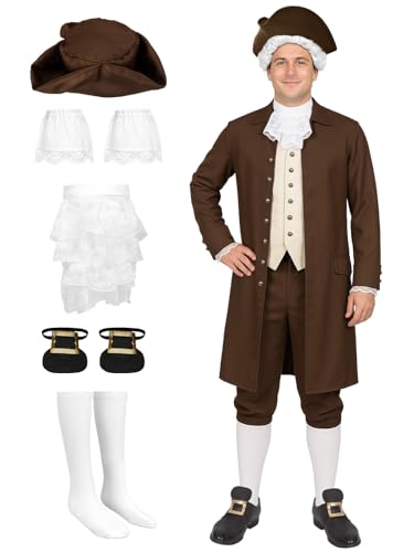 AQEWK Kolonial-Kostüm für Herren, 18. Traditionelles Amerika-Kolonial-Kostüm für Erwachsene, perfekt für Halloween, Cosplay, Braun, XXL von AQEWK