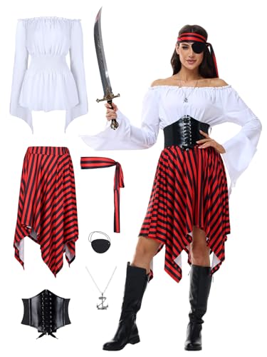 AQEWK Piratenkostüm Damen 7-teiliges Set - Renaissance Hemd Rock Korsett Mittelalter Halloween Cosplay Zubehör Set (Weiß, Klein) von AQEWK