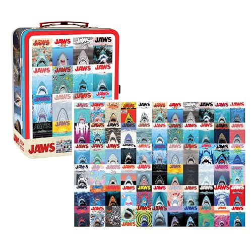 AQUARIUS Jaws Puzzle zum 50. Jahrestag, 500-teiliges Puzzle mit Spaßbox, 500-teiliges Puzzle (35,6 x 48,3 cm) in stabiler Dose mit Kunststoffgriff und geprägter Vorderseite, offizielles Lizenzprodukt von AQUARIUS