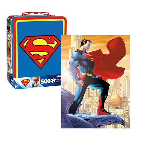 AQUARIUS Superman-Retro-Puzzle mit 500 Teilen und lustiger Box, 500-teiliges Puzzle (35,6 x 48,3 cm) in stabiler Dose mit Kunststoffgriff und geprägtem Vorderdeckel, offizielles Lizenzprodukt von von AQUARIUS