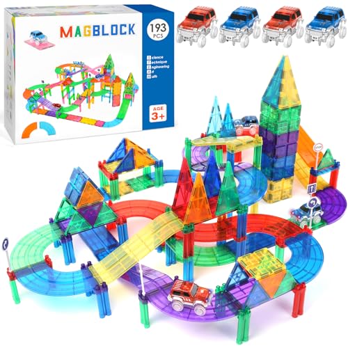 AQXONG 193Pcs Magnetisches Baustein Spielzeug für Bahnrennen, Magnetisches Bauspielzeug mit LED Rennwagen, Geeignet für Jungen und Mädchen AB 3 Jahren von AQXONG