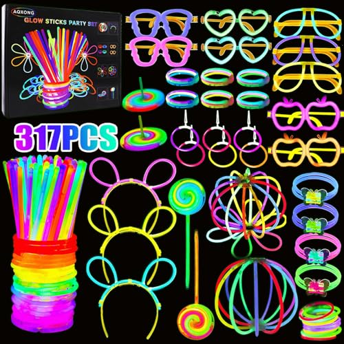 AQXONG 317 PCS Knicklichter Party Set, Fluoreszenz Leuchtendes Armband, Glow Sticks mit Verbinder, Neon Armband Leuchtstab für Party Deko, Festival Schwarzlicht Deko, Laterne, Lutscher AQXONG 317 PCS Knicklichter Party Set, Fluoreszenz Leuchtendes Armband, Glow Sticks mit Verbinder, Neon Armband Leuchtstab für Party Deko, Festival Schwarzlicht Deko, Laterne, Lutscher von AQXONG