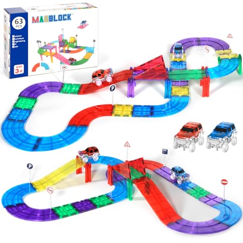 AQXONG 63Pcs Magnetisches Baustein Spielzeug für Bahnrennen, Magnetisches Bauspielzeug mit LED Rennwagen, Magnetisches Konstruktions Spielzeug, Geeignet für Jungen und Mädchen AB 3 Jahren von AQXONG