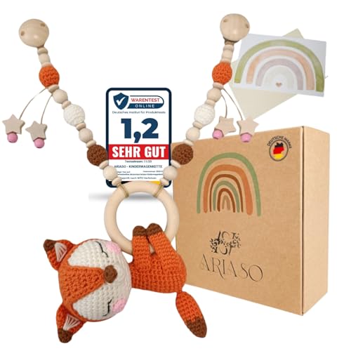 ARIASO® Kinderwagenkette Fuchs aus Holz und Baumwolle gehäkelt Kinder Baby Spielzeug Holz Kette für Kinderwagen geeignet für Mädchen ab 0+ Monate inkl. Geschenkkarte (Rosenrot) von ARIASO
