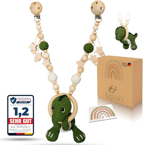 ARIASO®️ Kinderwagenkette - Dino- Design aus Holz und Baumwolle gehäkelt - Geschenk zur Geburt für Mädchen und Jungen ab 0+ Monate - inkl. Geschenkkarte von ARIASO