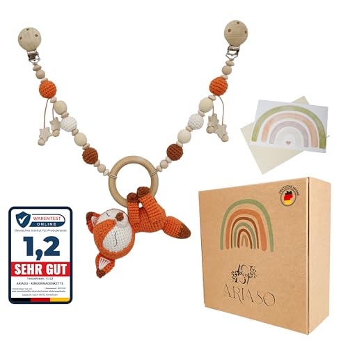 ARIASO® Kinderwagenkette aus Holz und Baumwolle gehäkelt, Kinderwagen Kette für Babys, Geschenk zur Geburt für Mädchen und Junge ab 0+ Monate inkl. Geschenkkarte- Fuchs von ARIASO