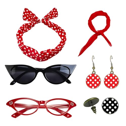 50er-Jahre-Kostüme für Damen, Stirnband-Tropfen-Ohrring-Set für 1950er-Jahre Outfits – Chiffon-Schal, Brille, Druck-Hängeohrringe 50er-Jahre-Kostüme für Damen, Stirnband-Tropfen-Ohrring-Set für 1950er-Jahre Outfits – Chiffon-Schal, Brille, Druck-Hängeohrringe von ARIOU