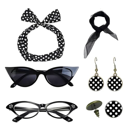 50er-Jahre-Kostüme für Damen, Stirnband-Tropfen-Ohrring-Set für 1950er-Jahre Outfits – Chiffon-Schal, Brille, Druck-Hängeohrringe 50er-Jahre-Kostüme für Damen, Stirnband-Tropfen-Ohrring-Set für 1950er-Jahre Outfits – Chiffon-Schal, Brille, Druck-Hängeohrringe von ARIOU
