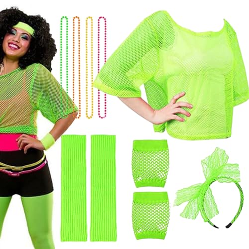 ARIOU 80er-Jahre-Accessoires für Damen, 80er-Jahre-Accessoires für Mädchen | 1980er-Jahre-Accessoires-Outfit,Kostümzubehör, Retro-Damen-Party-Kostüm-Set, Neon-Fischnetz-Handschuhe für Erwachsene, von ARIOU