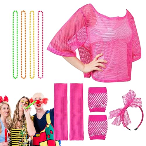 ARIOU 80er-Jahre-Kostüme für Mädchen, 80er-Jahre-Outfit für Mädchen,Netzkostüme der 1980er Jahre | Kostümzubehör, Retro-Damen-Party-Kostüm-Set, Neon-Fischnetz-Handschuhe für Erwachsene, Halskette für von ARIOU