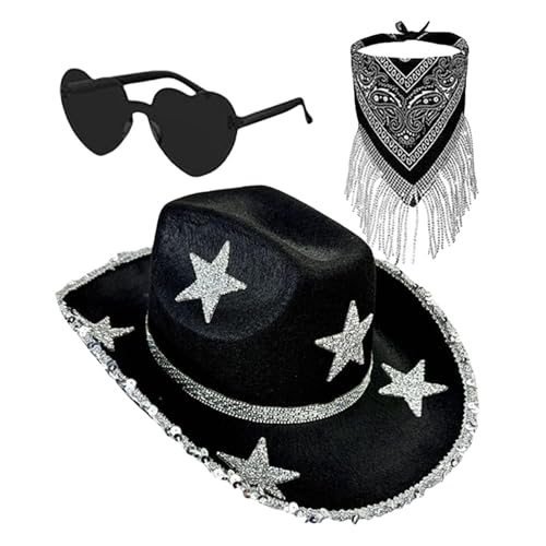 Bling Cowboyhüte Damen 3 x Klassischer Glitzer Cowboyhut mit Sonnenbrille | Bling Cowgirl Hut Halloween Party Kostüm für von ARIOU