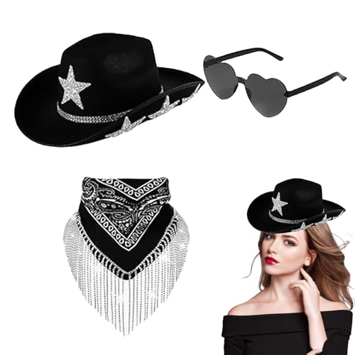 Cowgirl Hut mit Strass | Glitzer Cowboy Bandana Sonnenbrille Set | Filz Western Cowgirl Outfits für Hochzeit, Konzert, Thema, blacks, 12 Monate Cowgirl Hut mit Strass | Glitzer Cowboy Bandana Sonnenbrille Set | Filz Western Cowgirl Outfits für Hochzeit, Konzert, Thema, blacks, 12 Monate von ARIOU