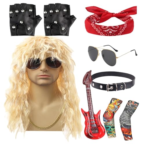 Rocker-Kostüm-Set, 80er-Jahre Rocker-Kostüm für Herren, Metall-Disco-Kostüm-Zubehör, Schwermetall-Rocker-Kostüm für Herren, Rock-Rocker-Perücken Rocker-Kostüm-Set, 80er-Jahre Rocker-Kostüm für Herren, Metall-Disco-Kostüm-Zubehör, Schwermetall-Rocker-Kostüm für Herren, Rock-Rocker-Perücken von ARIOU