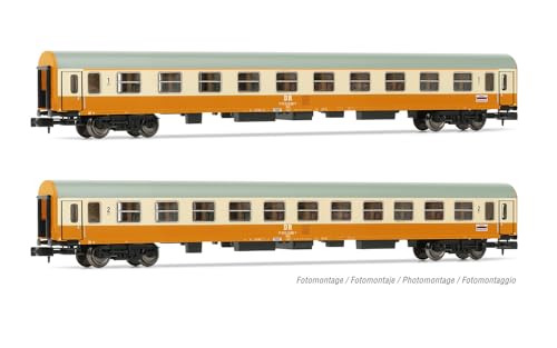 Arnold HN4435 DR, 2-Einheiten-Pack Reisebusse Stadteexpress, 1. Klasse plus 2. Klasse Reisebus, orange, beige lackiert, epIV Reisezugwagen von ARNOLD