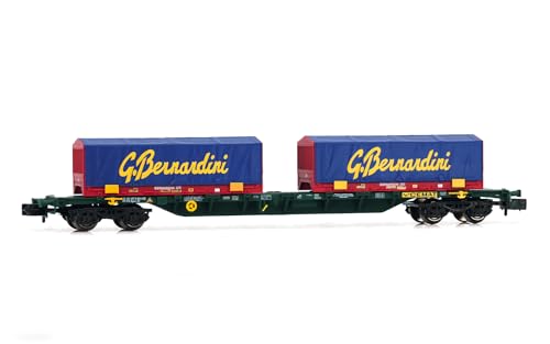 Arnold HN6655 FS CEMAT 4-achsiger Sgnss-Containerwagen in grüner Lackierung, beladen mit 2 x blau-roten 22-Coil-Containern von Gruppo Rolling Stock – Waggons von ARNOLD
