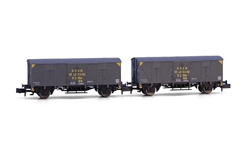 Arnold HN6660 RENFE 2-Einheiten-Paket mit 2-achsigen Planwagen, Bauart J300 000, graue Lackierung, Gran Velocidad Ep III. Rollmaterial – Waggons von ARNOLD
