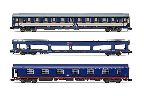SNCB Personenwagen, 3 Stück, T2 und DDm und Bc I6 (UIC-Z), blau und rot lackiert von ARNOLD