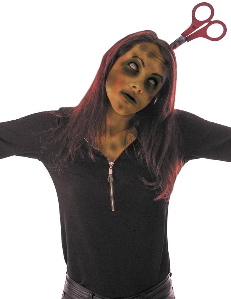 Schere im Kopf Halloween-Haarreif grau-rot von KARNEVAL-MEGASTORE