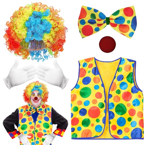 ARONRAVE Clown Kostüm Set, 5 Stück Karneval Kostüm Clown Clown Kostüm Accessoire Clown Lockenperücke Clownsnase Clownschleife Handschuhe Clown Kostümzubehör Karneval von ARONRAVE