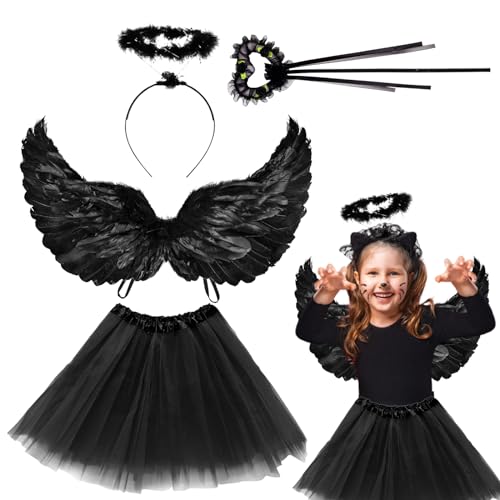 ARONRAVE Engel Kostüm Damen Schwarz, Engel Flügel Schwarz Heiligenschein und Zauberstab Tutu Rock Zubehör Set Engel Kostüm Damen Engels flügel Kostüm für Halloween Karneval Cosplay Party (Schwarz) von ARONRAVE