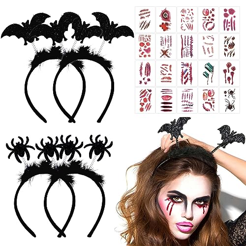 ARONRAVE Fledermaus Haarreif, 2 Fledermaus Haarreif + 2 Spinnen Haarreifen, Halloween Spinnen Haarreifen Halloween bat headband Damen Kinder Fledermaus Haarband Accessoires mit Tattoos Aufkleber (2+2) von ARONRAVE