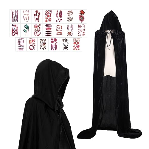 ARONRAVE Halloween Schwarz Kapuzenumhang, 140 cm Vampir Umhang Kinder mit Temporäre Tattoos Kapuze Umhang Halloween Umhang mit Kapuze Vampir Kostüm Cape Kostüm für Halloween Kostüm Cosplay Party(140) von ARONRAVE