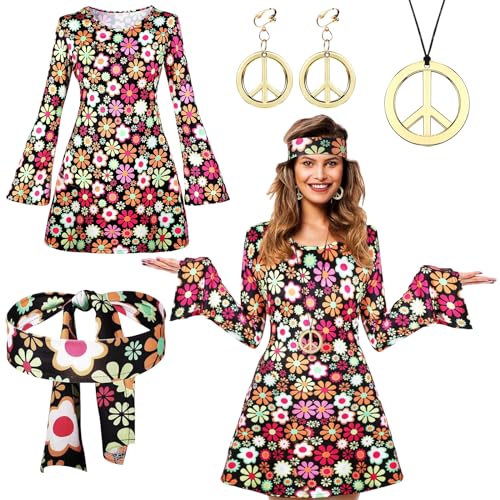 ARONRAVE Hippie Kostüm Damen, Hippie Kleidung Damen Hippie Kleid mit Halskette Ohrringe Haarband 70er Jahre Bekleidung Damen Disco Outfit Kostüm Damen Kleid für Karneval Motto Party von ARONRAVE