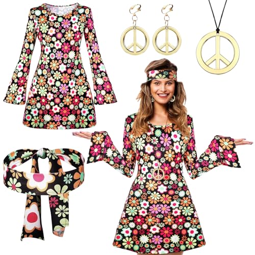ARONRAVE Hippie Kostüm Damen: 70er Jahre Kostüm mit Halskette, Ohrringen, Haarband für Karneval, Fasching, Motto Party von ARONRAVE