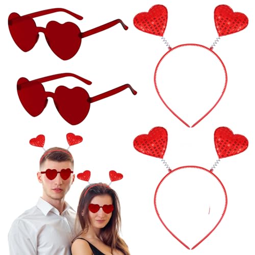 ARONRAVE Partybrille Herz Haarreif Sonnenbrille Herzbrille Rot Sonnenbrille Brille Amor Haarreif Herz Party Brillen Valentinstag Rote Herz Kopf Boppers Hippie Kostüm Zubehör von ARONRAVE