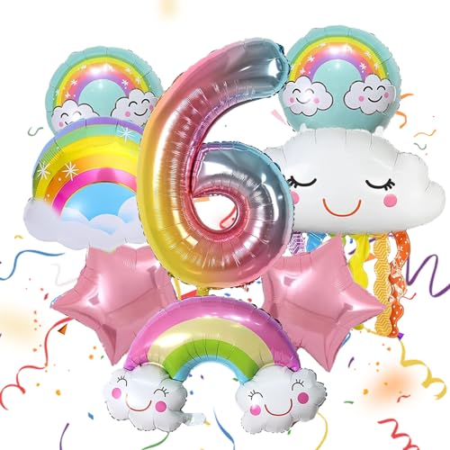 ARONRAVE Regenbogen Geburtstagsdeko Mädchen 6 Jahre, Regenbogen Quasten Luftballons Folienballon Wolken Regenbogen Rosa Stern Pastell Rundballons für Geburtstagsdeko Mädchen 6 Jahre von ARONRAVE