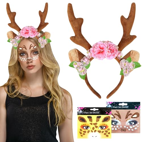 ARONRAVE Karneval Kostüm Damen, Haarreif Reh Geweih Hörner Reh Kostüm Damen Reh Kostüm Accessoires Haarschmuck Fasching Cosplay von ARONRAVE