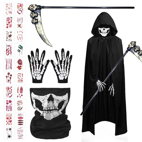 ARONRAVE Sensenmann Kostüm, 170 CM Sensenmann Kostüm Sense Schädelmaske SchädeHandschuhe Sensenmann Schwarz Umhang mit Kapuze Reaper Kostüm für Halloween Party Dekoration Cosplay von ARONRAVE