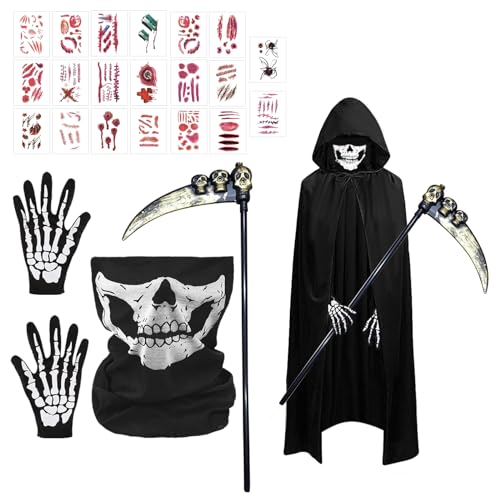 ARONRAVE Sensenmann Kostüm Kinder, 120 CM Halloween Kostüm Kinder Sensenmann Schwarz Umhang Skelett Maske Skelett Handschuhe für Halloween Party Dekoration Cosplay von ARONRAVE