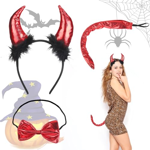 ARONRAVE 3 pcs Teufelshörner Kostüm Set Teufel Hörner Haarreif Teufelshörner mit Fliege Teufelsschwanz Devil Horn Kostüm Teufel Hörner Haarreif Teufel Kostüm Damen für Karneval Halloween von ARONRAVE