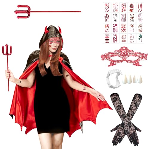 ARONRAVE Teufel Kostüm Damen, Halloween Kostüm Damen Vampir Umhang Kapuzenumhang Schwarz Rot Teufelshörner Haarreif Teufel Kostüm Damen Umhang Teufelsumhang Rot Faschingskostüme ARONRAVE Teufel Kostüm Damen, Halloween Kostüm Damen Vampir Umhang Kapuzenumhang Schwarz Rot Teufelshörner Haarreif Teufel Kostüm Damen Umhang Teufelsumhang Rot Faschingskostüme von ARONRAVE