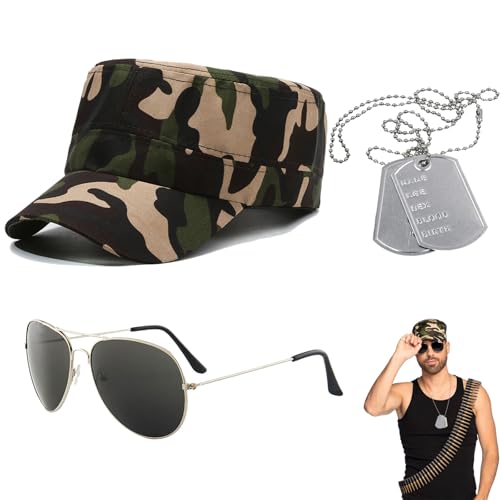 3-teiliges Armee-Kostüm-Set – Armee-Erkennungsmarken, Camouflage-Mütze, Erwachsene, Cosplay, Halloween, Mottoparty, Kostüm, Hut, Brille, Hängeetiketten-Halskette) 3-teiliges Armee-Kostüm-Set – Armee-Erkennungsmarken, Camouflage-Mütze, Erwachsene, Cosplay, Halloween, Mottoparty, Kostüm, Hut, Brille, Hängeetiketten-Halskette) von ARROMI